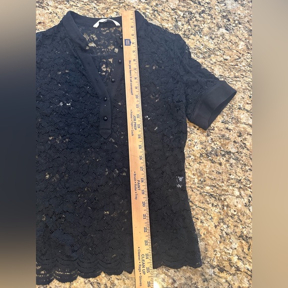 Diane Von Furstenberg Allover Floral Flower Semi Sheer Lace Black Blouse sz 12 - Picture 5 of 5